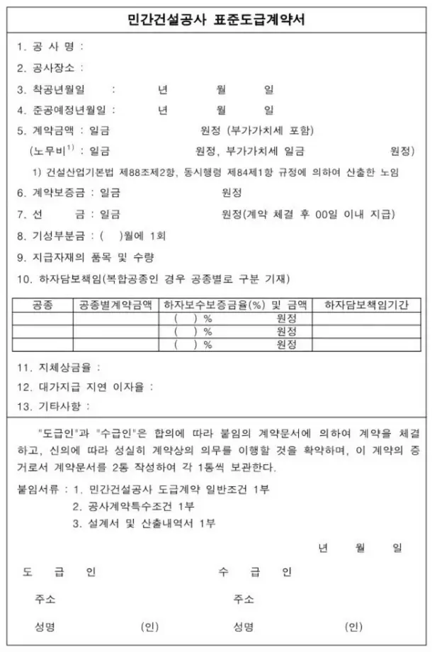 민간 건설 공사 표준 도급 계약서 서식에 13가지 항목을 기재할 수 있다.