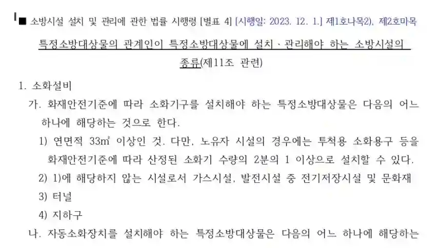 [별표 4] 특정소방대상물의 관계인이 특정소방대상물에 설치ㆍ관리해야 하는 소방시설의 종류 미리보기