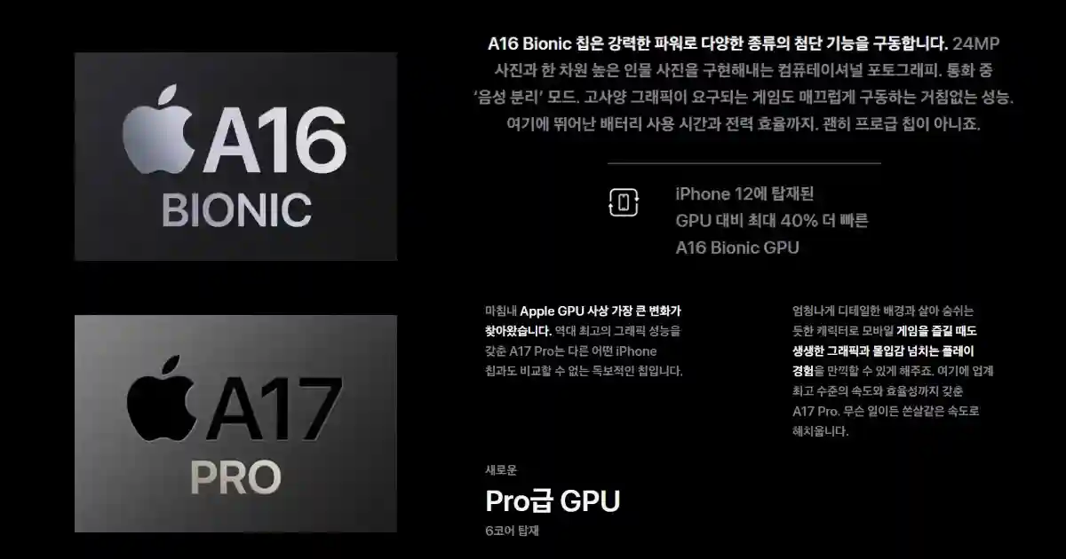 아이폰 15와 15 프로 칩 애플 공식 홈페이지 설명