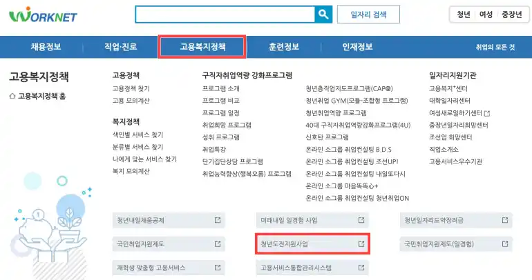 청년도전지원사업 참여 대상과 신청 방법 후기 요약 2 워크넷 청년도전지원사업 안내 페이지