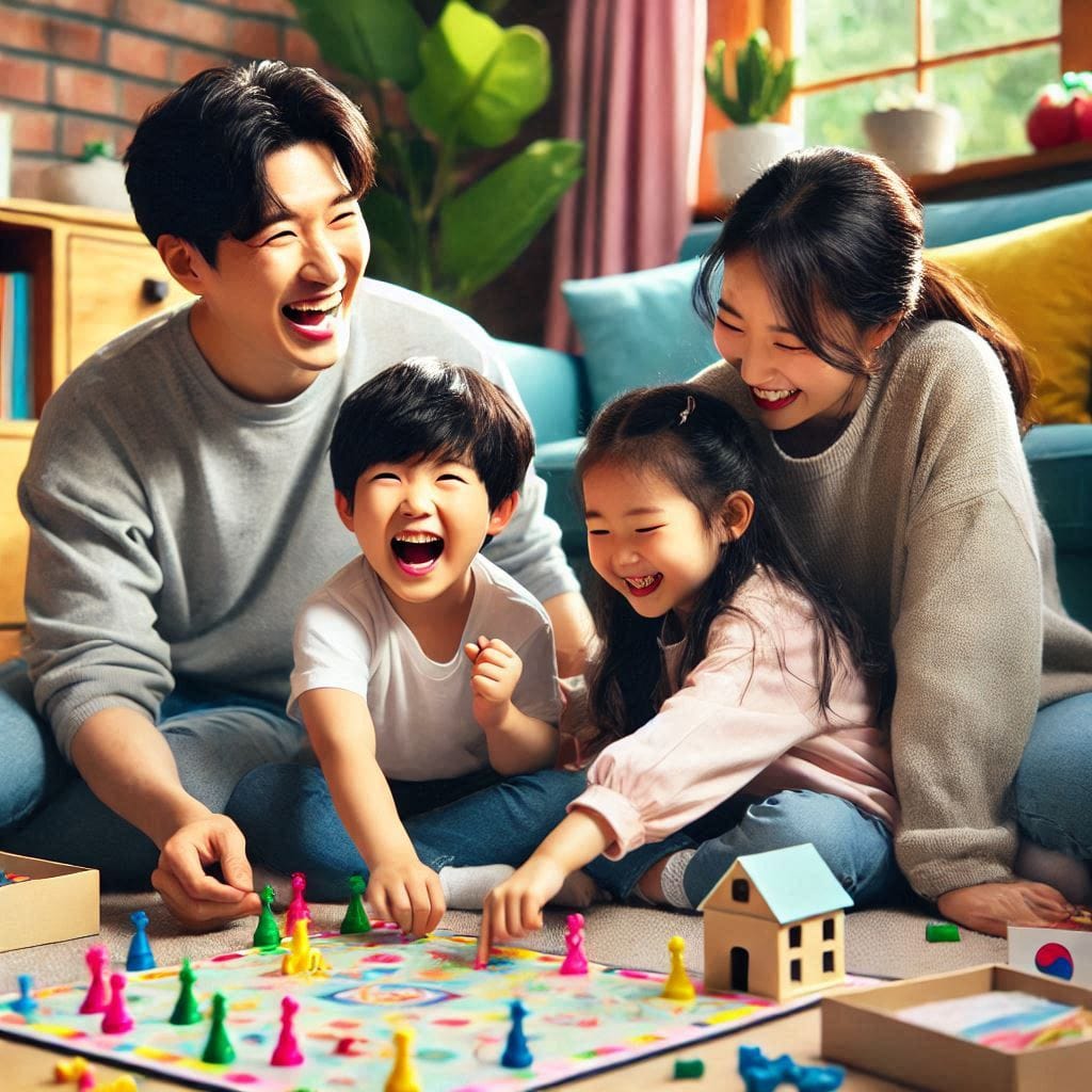 한국인 부모가 유원생 아이와 가정에서 즐겁게 지내는 모습