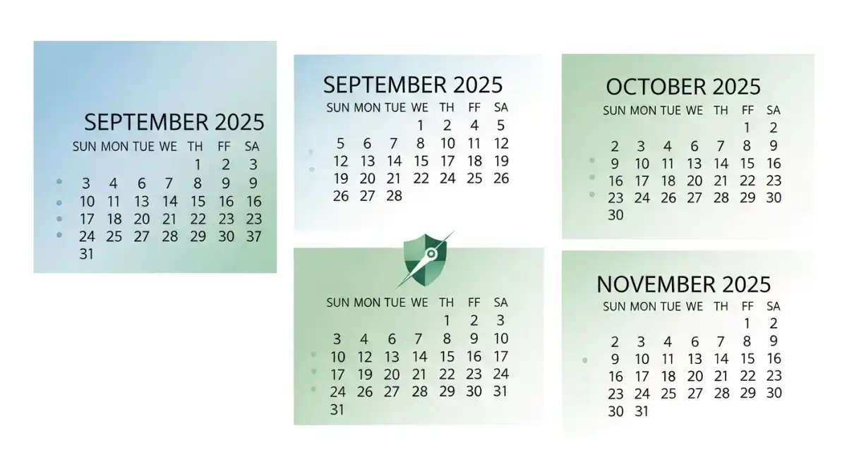 2025년 9월부터 11월까지 강조된 달력 이미지. 독감 예방접종의 적정 시기를 시각적으로 안내하며 건강한 가을과 겨울을 위한 준비를 상징한다.