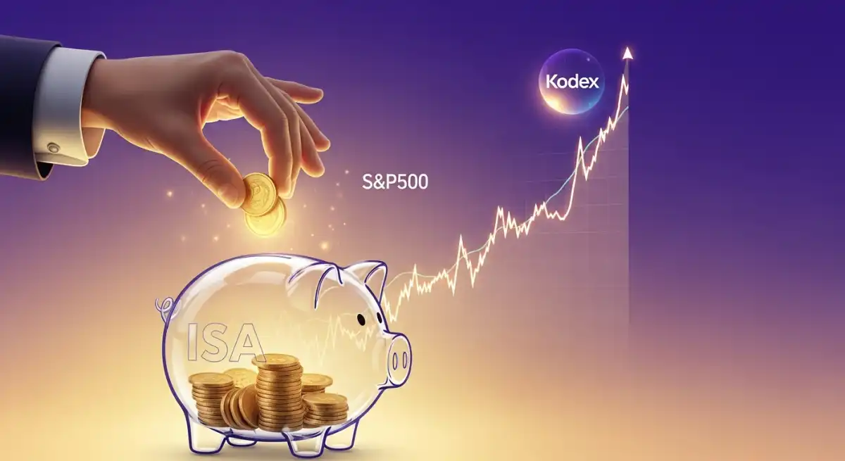ISA 계좌에 Kodex S&P500 ETF를 꾸준히 투자하여 장기적으로 자산을 늘려가는 모습을 상징하는 성장 그래프와 저금통.