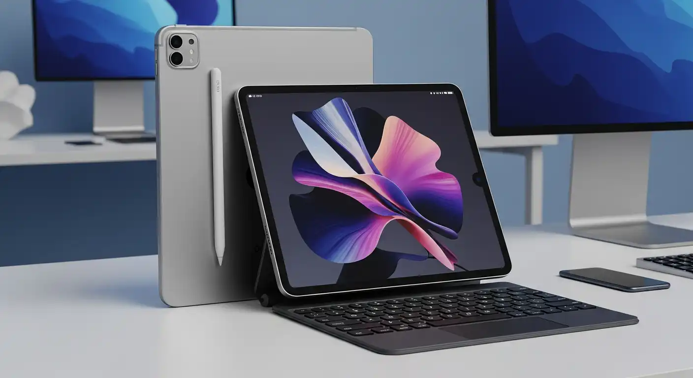 얇아진 M5 아이패드 프로와 새로운 Apple Pencil Pro 2, Magic Keyboard가 놓인 모습