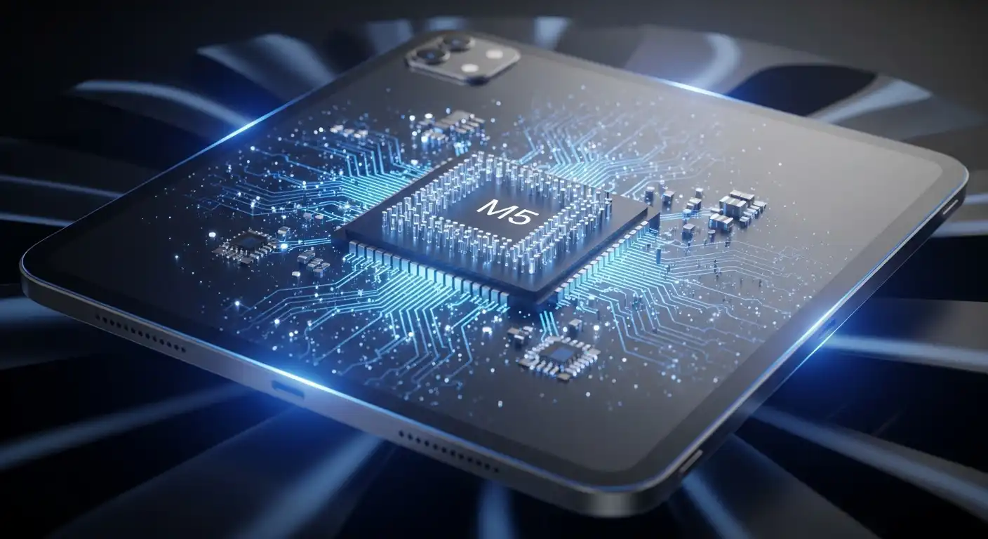 M5 칩 내부 구조를 보여주는 예술적인 렌더링, 아이패드 프로의 핵심 성능을 시각화