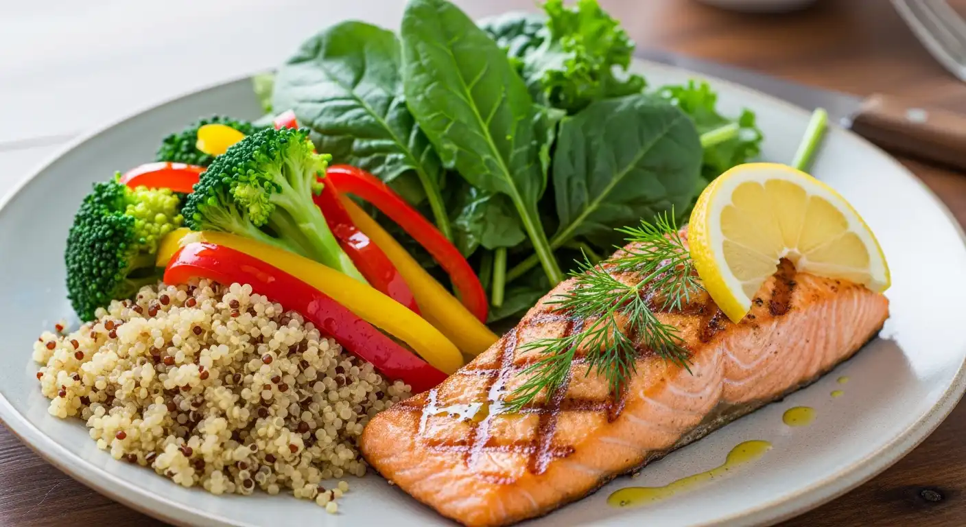 다채로운 색상의 신선한 채소, 과일, 단백질, 통곡물이 조화롭게 담긴 건강한 식단 접시