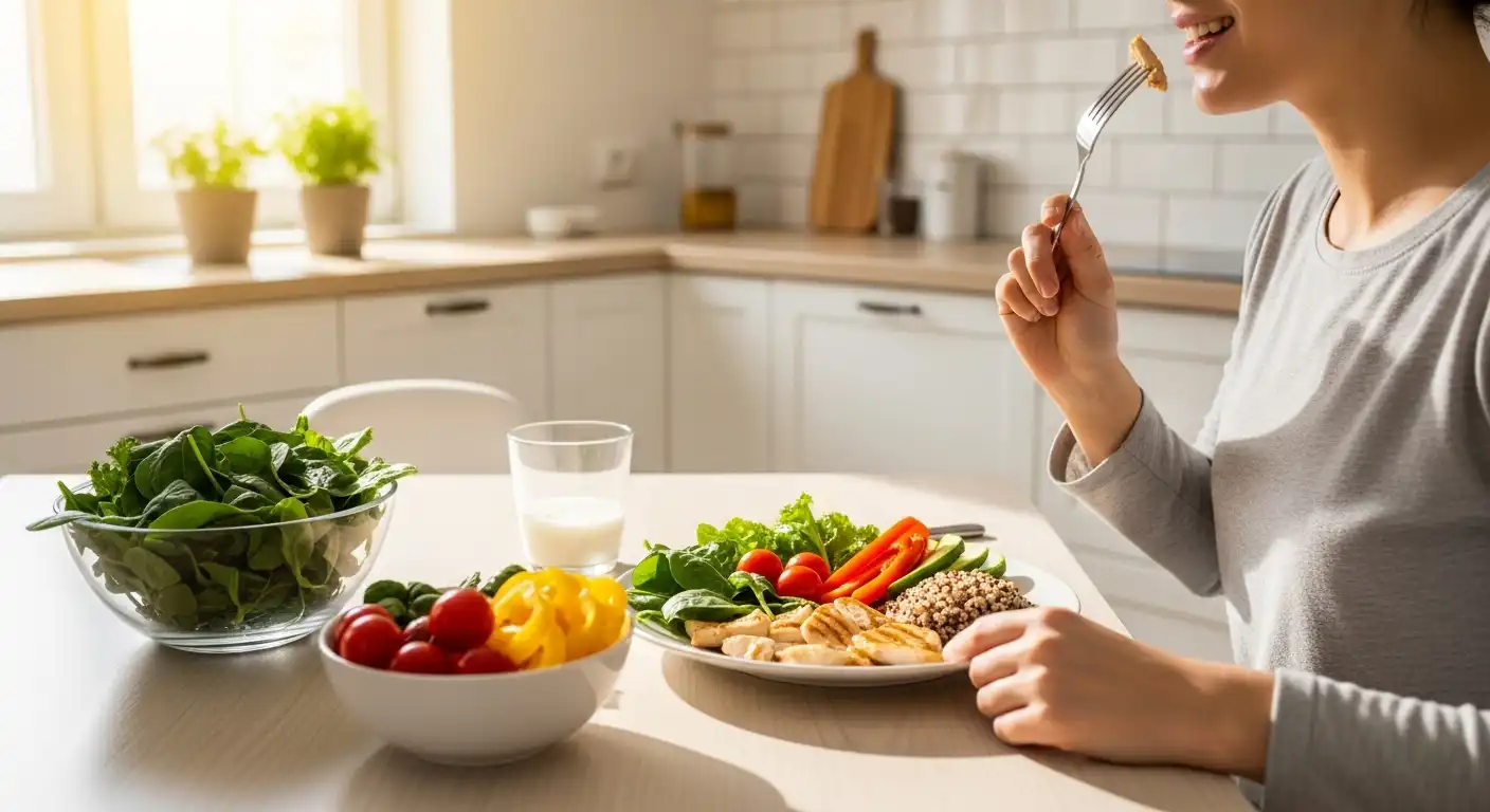 신선한 채소, 단백질, 통곡물로 구성된 균형 잡힌 식사를 즐겁게 하는 사람의 모습