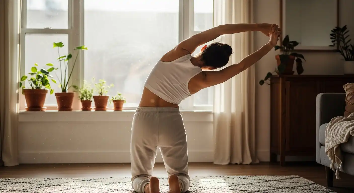 창가에서 스트레칭하며 건강한 생활 습관을 실천하는 사람의 모습