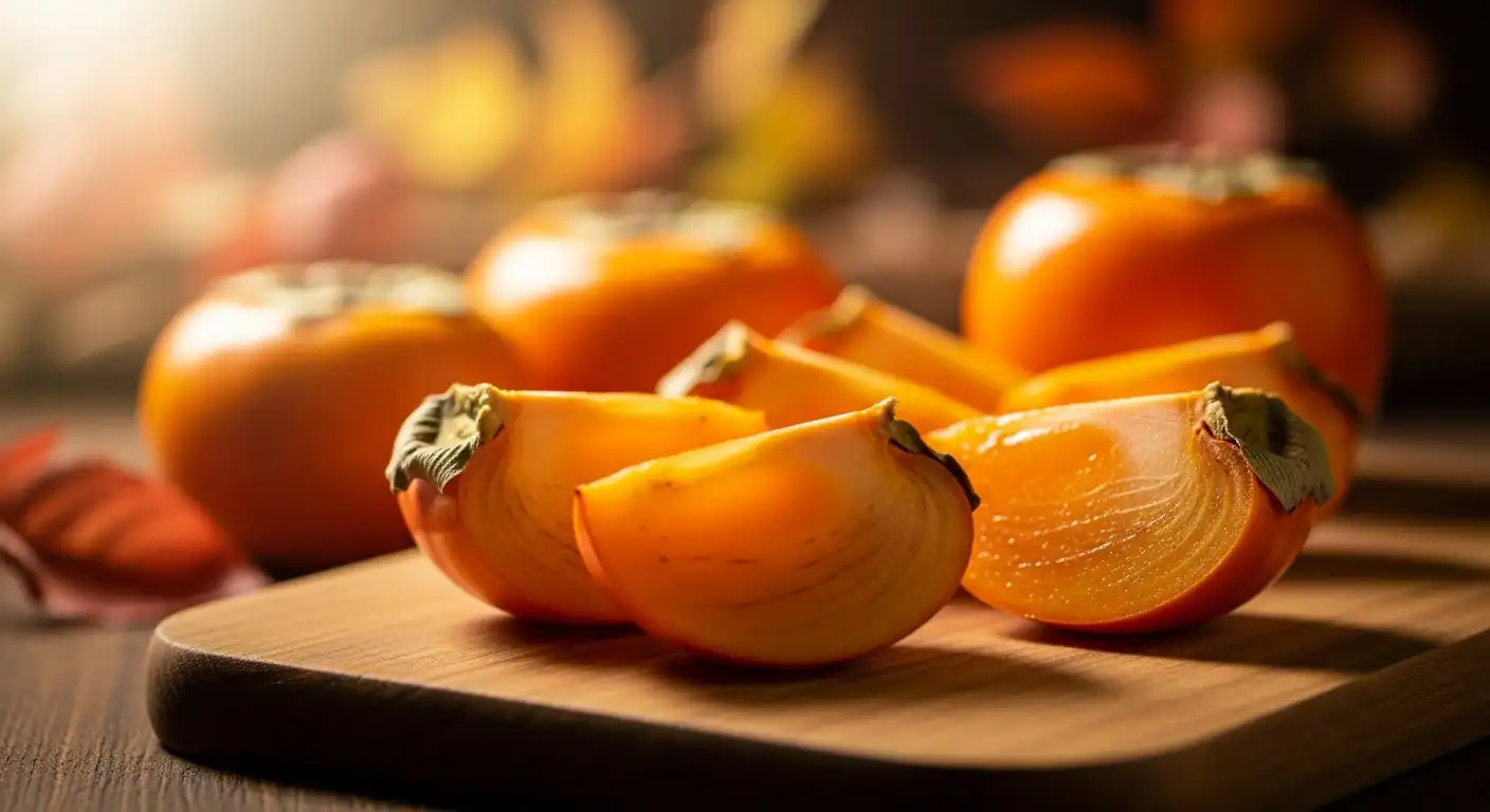 윤기 나는 황금빛 단감말랭이가 나무 도마 위에 가지런히 놓여 있는 모습. 가을 간식의 달콤함을 강조합니다.