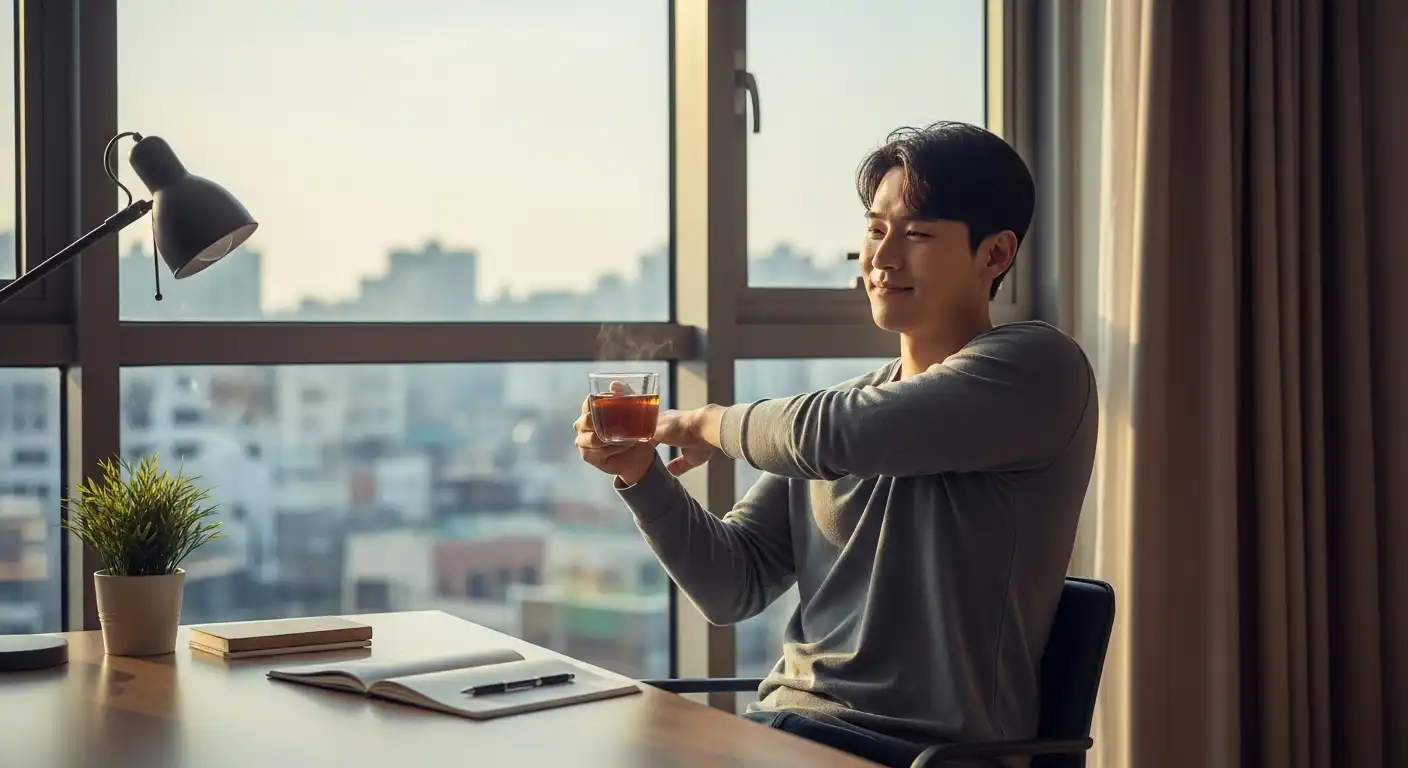 새벽 기상 100일 실패자 고백 나에게 맞는 미라클 모닝 재설계하는 방법 2 따뜻한 차를 마시며 창밖을 바라보거나 스트레칭하는 30대 한국 남성. 편안하고 생산적인 아침 분위기. (개인화된 루틴의 성공을 상징)