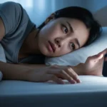 새벽 4시 알람 앞에서 피곤하고 지친 표정으로 힘겹게 눈을 뜨려는 20대 한국 여성. (강요된 루틴의 실패를 상징)