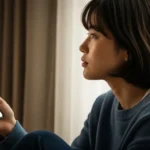 창가에 앉아 스마트폰으로 '마들랜' SNS 상담을 받는 청년, 평온한 표정으로 도움을 받는 모습.