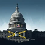 미국 의사당 건물이 어둠에 잠기고 경고 테이프가 둘러진 모습, 미국 셧다운의 불확실성을 상징하는 이미지.