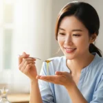 아침 햇살 아래 건강한 미소를 짓는 한국인 여성이 공복 올리브오일을 한 스푼 들고 있는 모습. 주방에는 엑스트라 버진 올리브오일 병과 레몬이 놓여있어 건강한 아침 루틴을 암시함.
