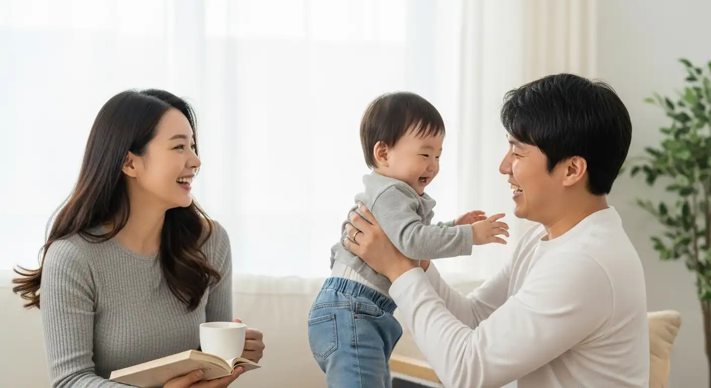 육아휴직 1년 6개월 제2막! 2025년 확대된 급여 조건과 6+6 제도 완벽 분석 1 거실에서 행복하게 아이와 시간을 보내는 한국인 부부의 모습, 육아휴직으로 늘어난 가족의 유대감을 상징