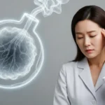 두통을 느끼는 한국인 여성 뒤로 뇌 속 혈관 이미지가 연기처럼 퍼지는 모습으로, 조용한 시한폭탄과 같은 모야모야병의 위험성을 나타내는 이미지.