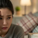 머리를 짚고 있는 30대 초반 한국인 여성과 온도계. 독감 초기증상으로 고통받는 모습을 연상시킴.