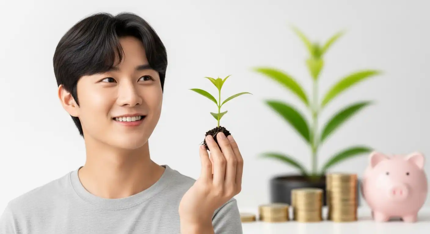 밝은 미래를 꿈꾸며 새싹을 들고 있는 청년, 디딤씨앗통장을 통한 자립과 목돈 마련 성공을 상징.