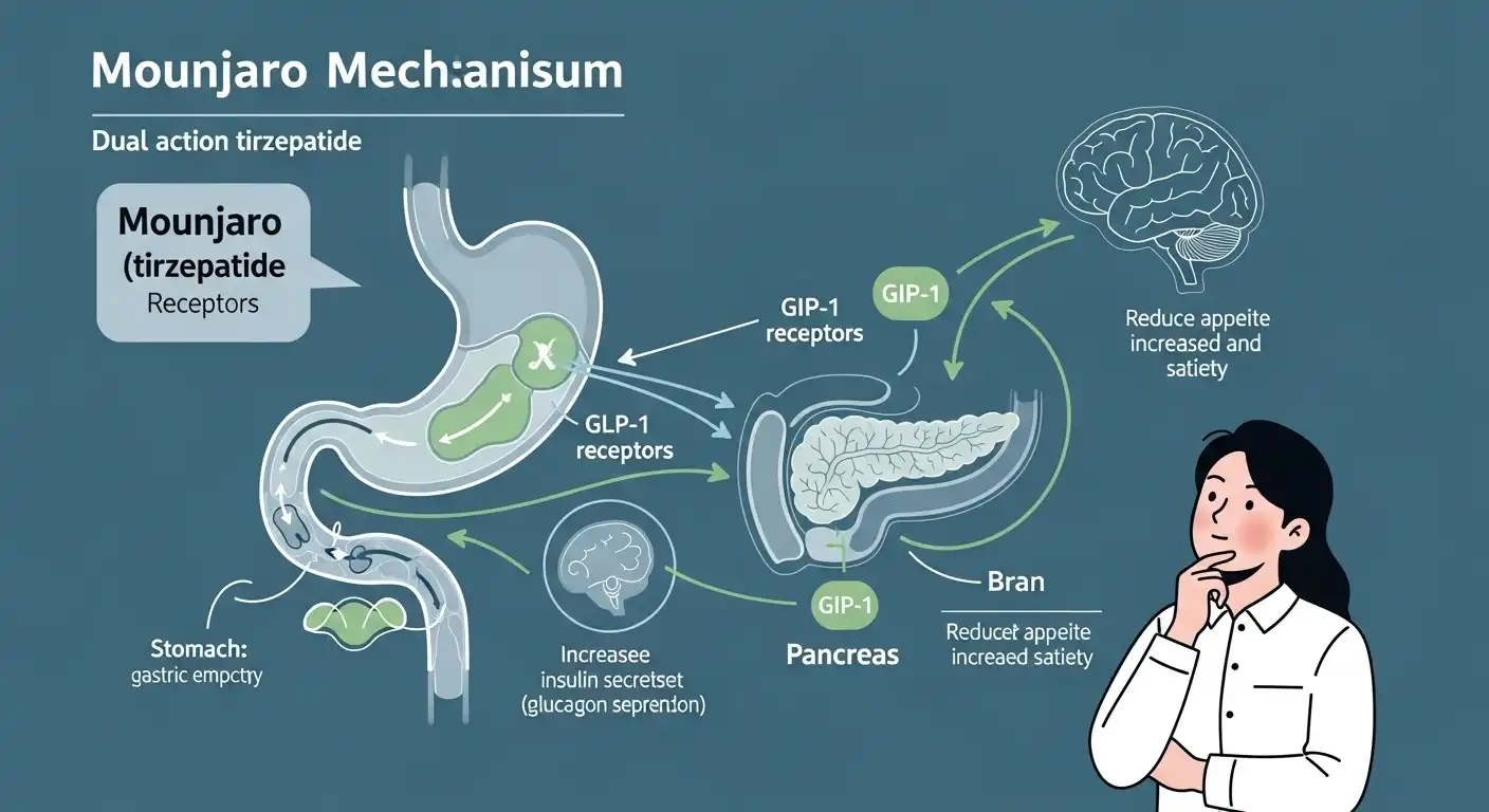 마운자로(티르제파타이드)가 GLP-1 및 GIP-1 수용체에 이중 작용하여 식욕 억제와 혈당 조절을 돕는 과학적인 메커니즘 그림