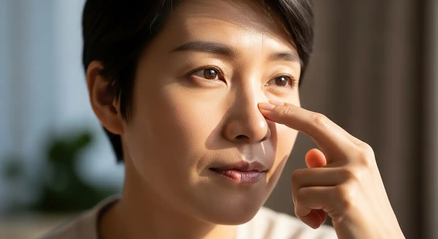 코 주변 부비동 위치를 손으로 가리키며 생각에 잠긴 한국인 남성.