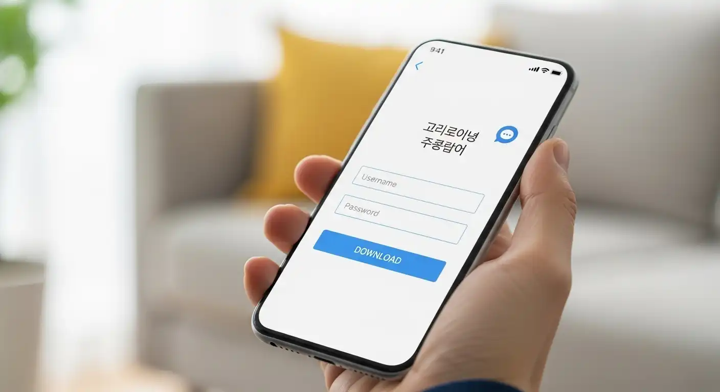 청년이 스마트폰으로 '마들랜' 앱을 다운로드하고 로그인하는 화면을 보여주는 모습.