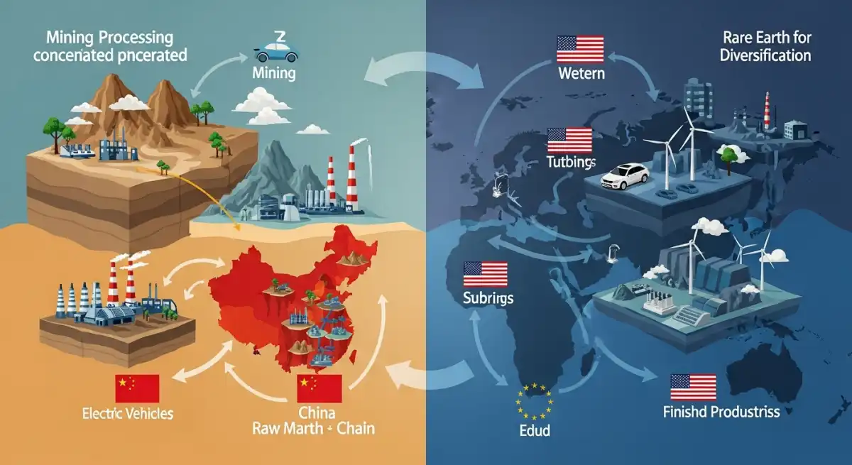 희토류 투자 지금이 적기? 2025년 공급망 변화와 유망 종목 분석 2 글로벌 희토류 공급망의 지형을 보여주는 인포그래픽. 중국의 지배력과 서구권의 다변화 노력을 시각적으로 나타냅니다.