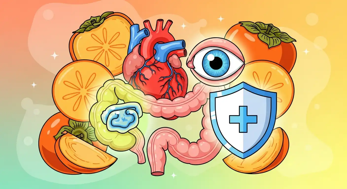 단감의 다양한 효능을 시각적으로 표현한 일러스트레이션. 심장, 눈, 장 등 건강에 좋은 단감의 이점을 보여줍니다.