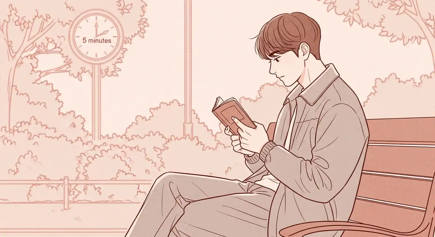책 한 권 완독이 어렵다면? 초보자를 위한 독서 습관 들이는 노하우 2 공원 벤치에 앉아 얇은 책을 5분간 집중해서 읽고 있는 한국인 남성. 짧은 독서 시간의 중요성을 보여줍니다.