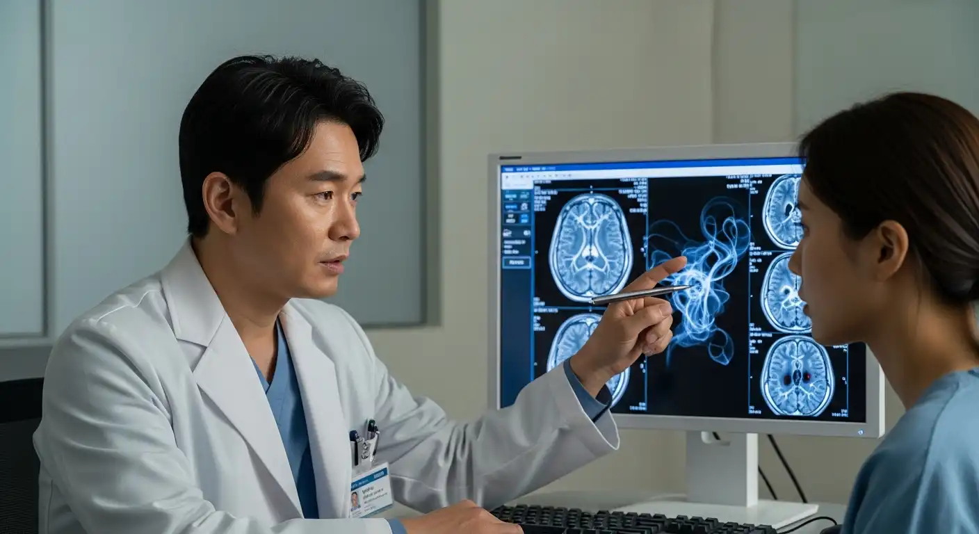 의사가 환자에게 뇌 MRI 촬영 결과를 설명하며 모야모야병 진단 과정을 보여주는 모습.