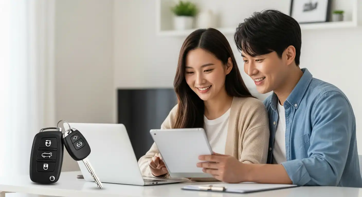 집에서 태블릿으로 경차 유류세 환급 조건을 확인하며 환하게 웃는 한국인 젊은 부부