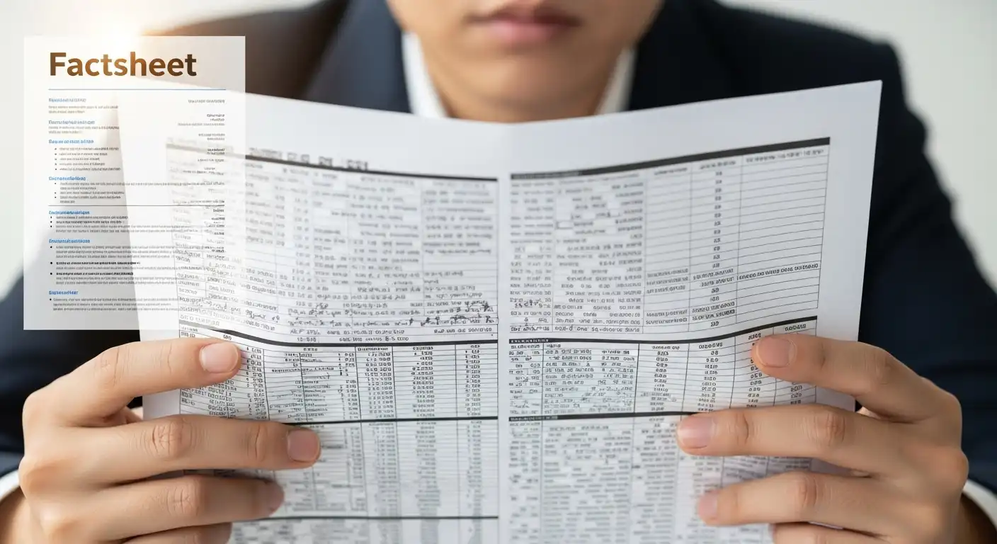 복잡한 문서에 혼란스러워하는 한국인의 손과 명확한 팩트시트가 대비되는 모습.