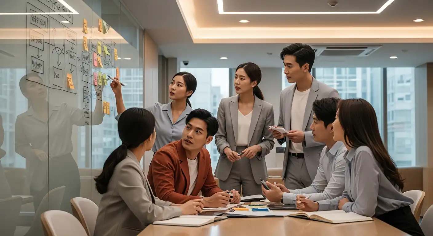 중소기업에서 서로 협력하며 성장하는 청년 직장인들의 모습, 청년근속인센티브의 긍정적 효과를 상징