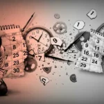 시간과 정신적 피로로 지쳐 보이는 인물이 감정적 탈진 상태를 상징하는 추상적인 이미지