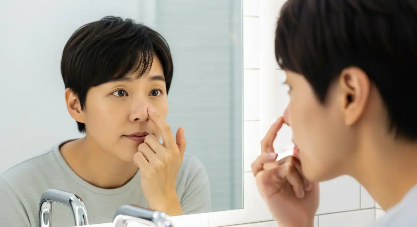 거울을 보며 코막힘이나 얼굴 통증 등 부비동암 초기 증상을 자가 점검하는 한국인.