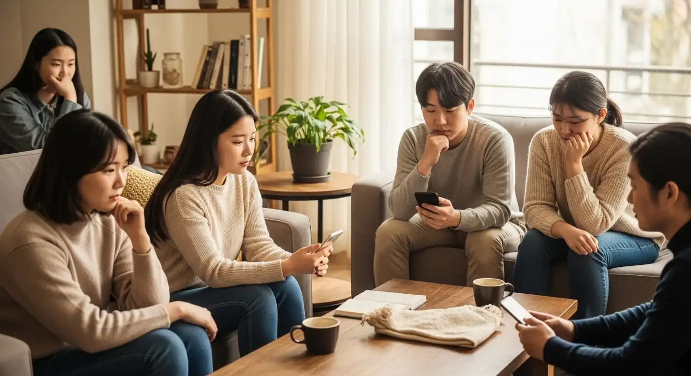 다양한 청년들이 편안한 공간에서 각자의 고민을 사색하며 위로받는 모습을 상징적으로 표현.