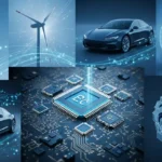 희토류가 적용된 전기차, 풍력 터빈, 반도체, 양자컴퓨터 등 미래 기술을 보여주는 이미지.