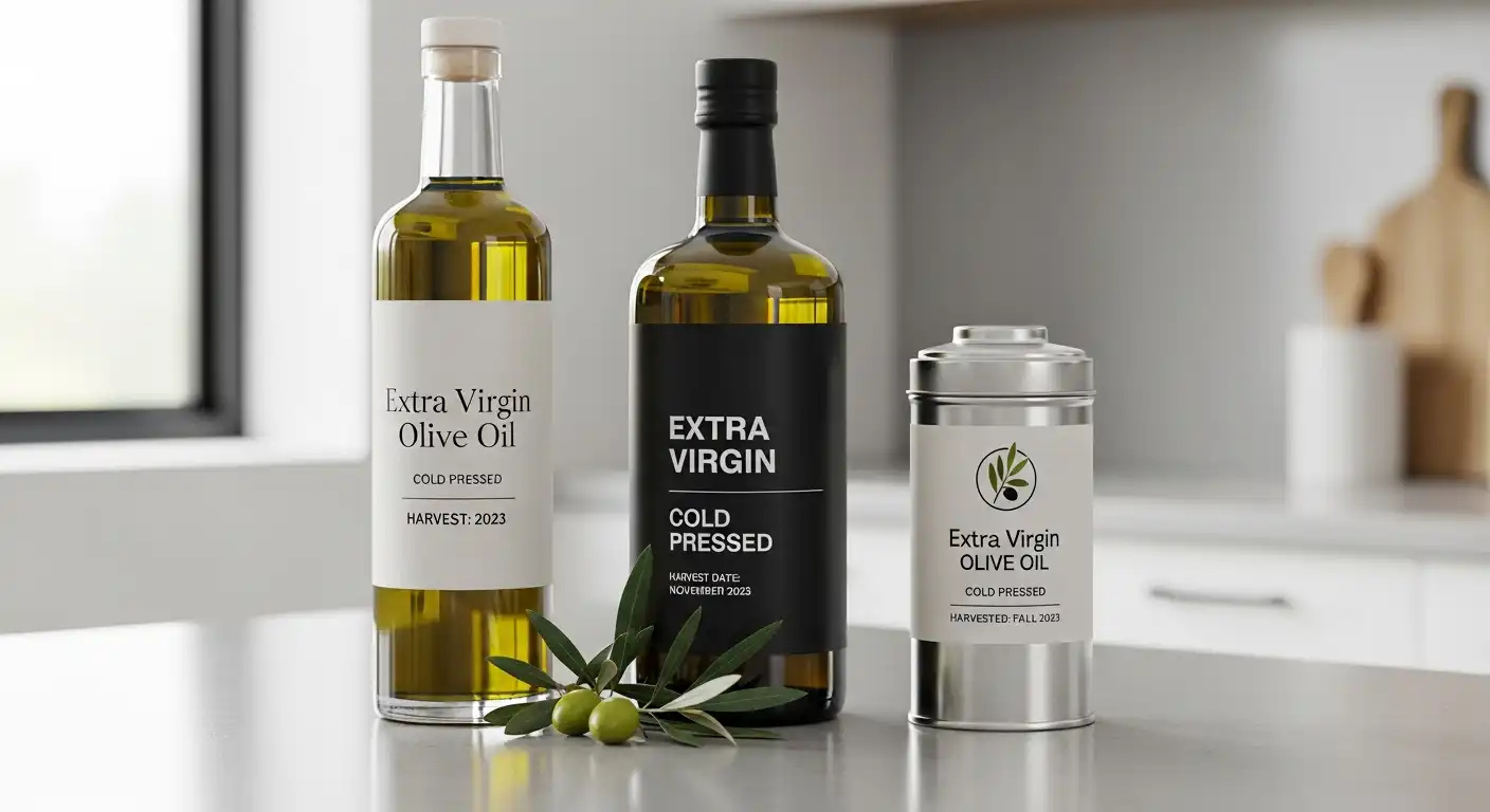 공복 올리브오일 놀라운 효능 5가지와 반드시 알아야 할 부작용 총정리 3 어두운 유리병과 틴케이스에 담긴 엑스트라 버진 올리브오일 제품들. 라벨에 'Extra Virgin', '냉압착', '수확일'이 명확히 표시되어 품질 선택 팁을 보여줌.