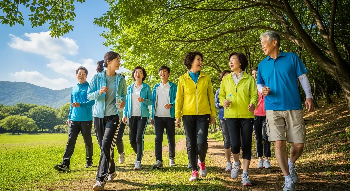 활기찬 모습으로 공원을 산책하는 다양한 연령대의 한국인들, 규칙적인 운동의 중요성.
