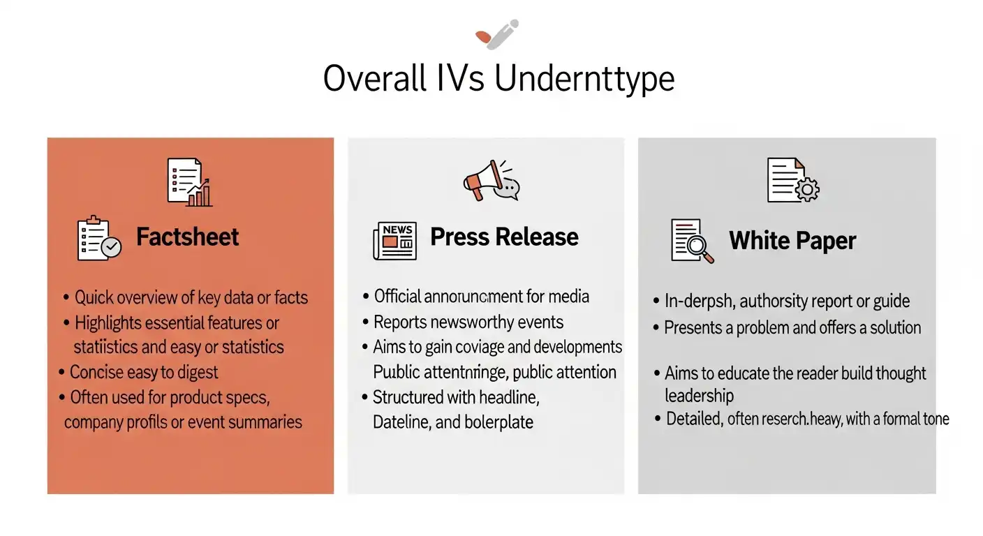 팩트시트, 보도자료, 백서 등 여러 문서 유형의 특징과 목적을 비교하는 인포그래픽.