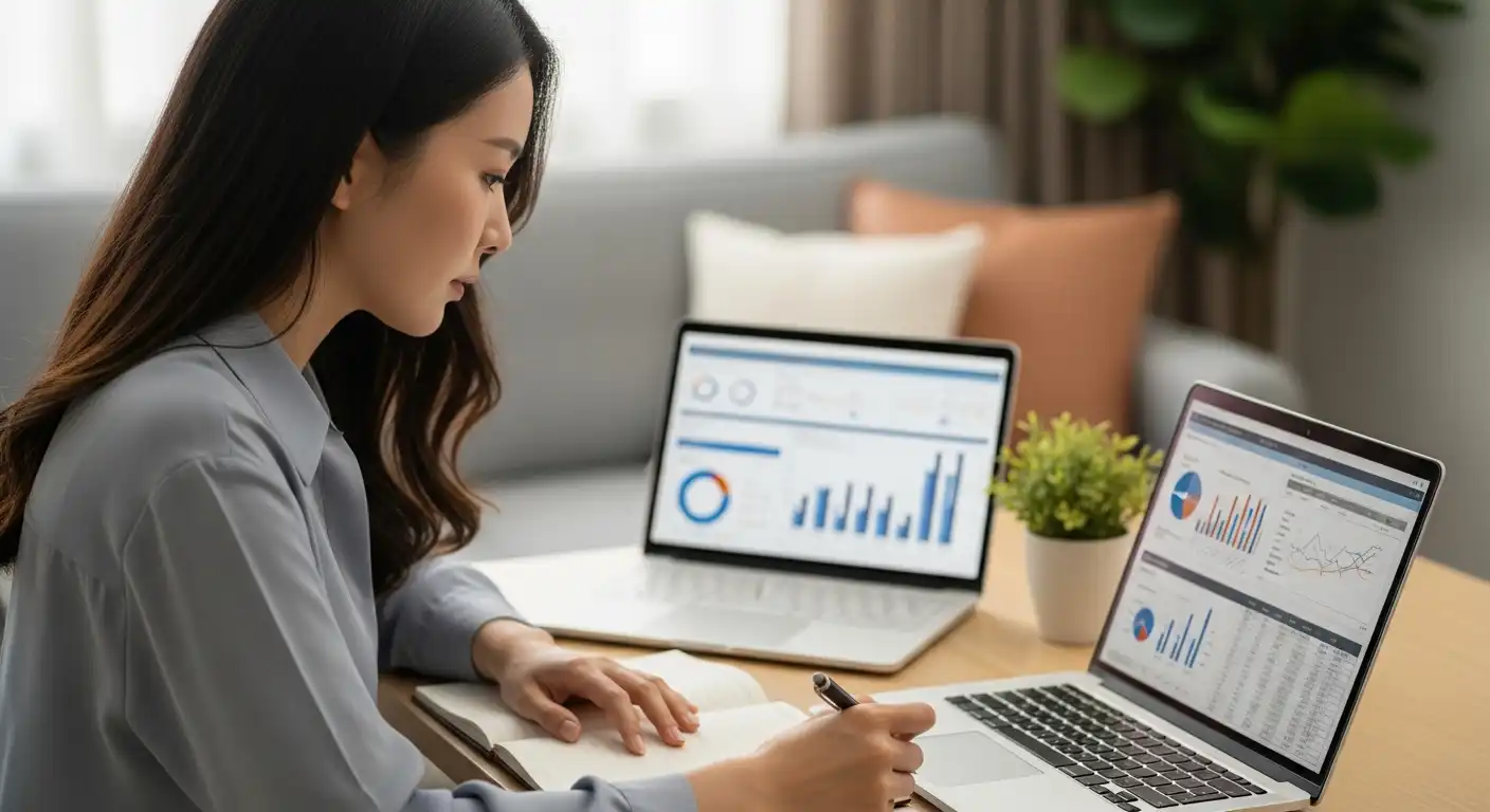 배당소득 분리과세 변경에 맞춰 투자 포트폴리오를 점검하고 전략을 세우는 한국인 여성.