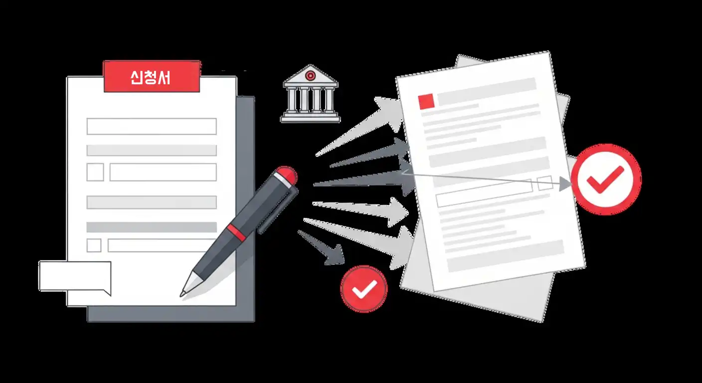 간소화된 신청서와 펜이 놓여있고, 은행 건물과 체크 표시로 향하는 화살표들이 있는 그래픽. 퇴직연금 융자지원 신청 절차의 간편함을 상징합니다.