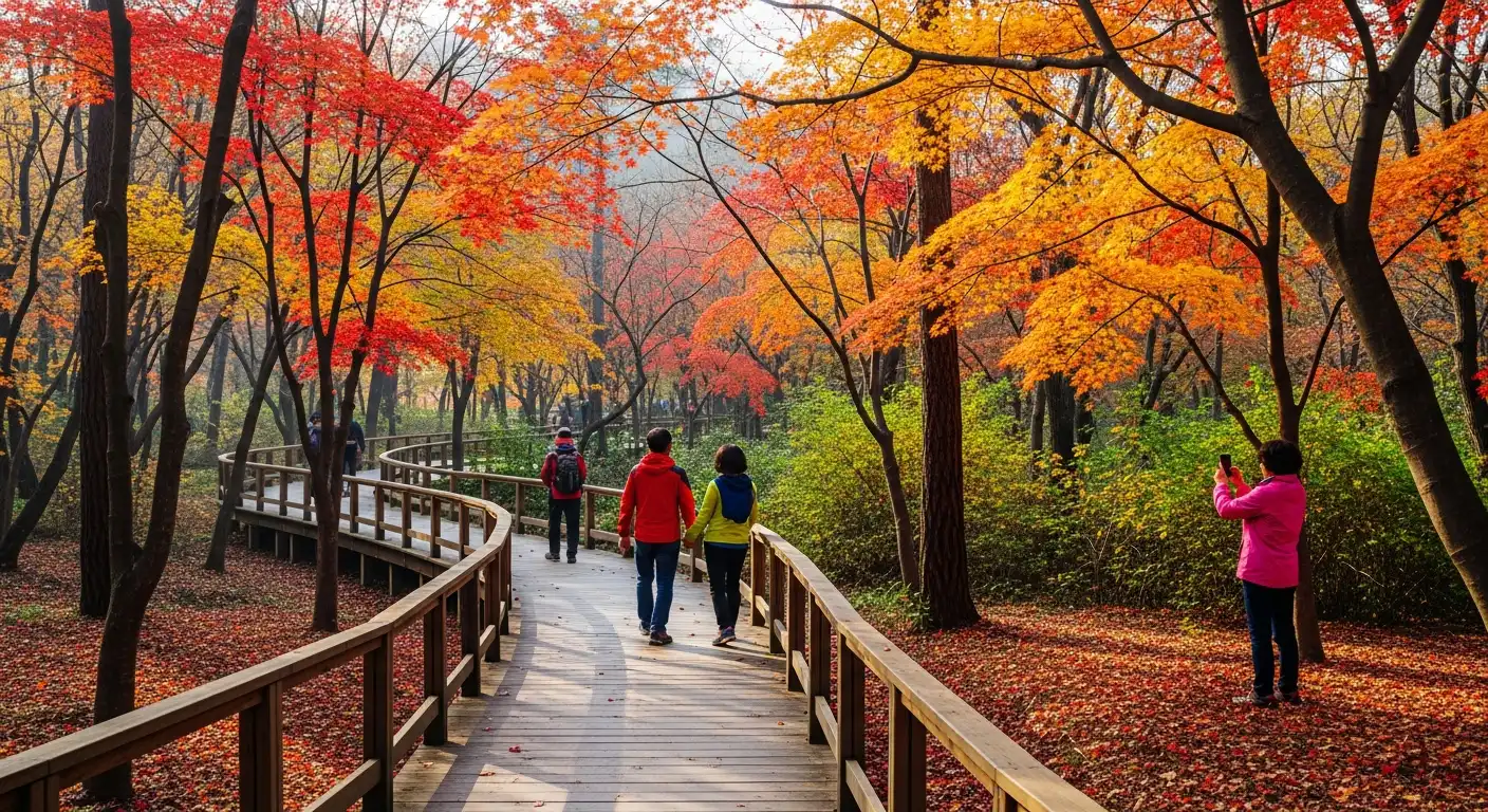 가을 단풍으로 가득한 숲속을 지나는 화담숲의 나무 데크 산책로와 걷는 사람들
