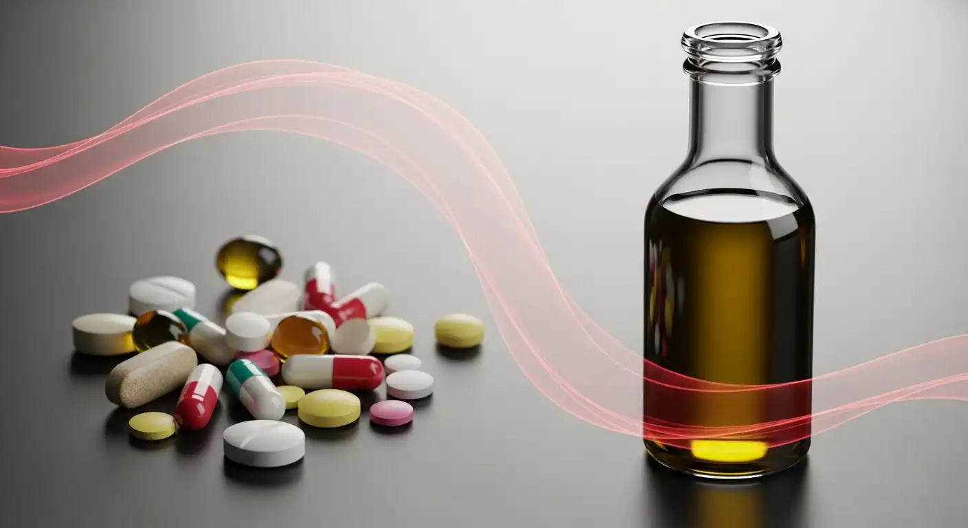 공복 올리브오일 놀라운 효능 5가지와 반드시 알아야 할 부작용 총정리 4 올리브오일 병과 여러 종류의 약이 나란히 놓여 있고, 그 사이에 경고를 암시하는 흐릿한 붉은색 경계선이 있는 이미지. 약물 상호작용의 위험을 상징적으로 표현함.