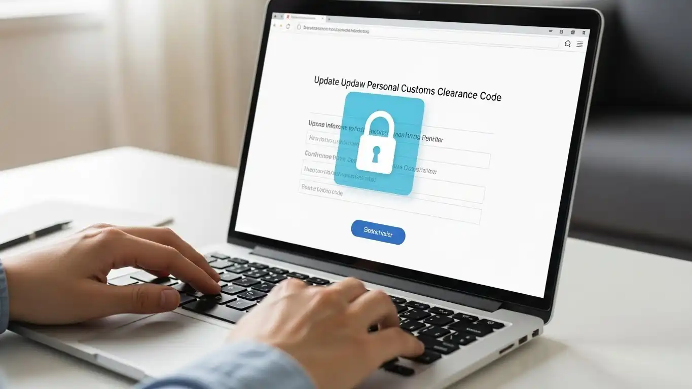 노트북으로 개인통관고유부호 정보를 업데이트하고 있는 손과 보안을 강조하는 화면