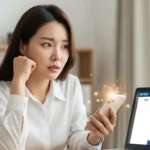 노트북으로 개인통관고유부호를 확인하며 개인정보 보호에 신경 쓰는 한국 여성의 모습