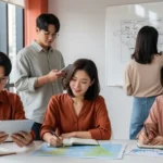 미래를 미리 계획하고 준비하는 한국 MZ세대가 노트북과 지도를 보며 열정적으로 논의하는 모습