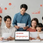 다양한 연령대의 한국인들이 2025년 연말정산 서류와 노트북을 보며 기분 좋게 절세 계획을 세우는 모습