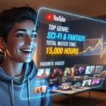 2025년 유튜브 리캡 화면을 보며 즐거워하는 사람의 모습, 시청 기록 통계와 영상 썸네일이 홀로그램으로 표시됨