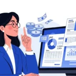 환하게 웃으며 컴퓨터 화면을 바라보는 한국인 직장인. 화면에는 2025년 연말정산 서류와 절세 그래프가 보이고, 주변에 돈이 흩날리는 모습으로 13월의 월급을 상징합니다.