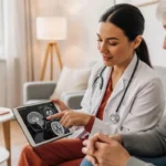 의사와 환자가 태블릿을 보며 소뇌위축증 약물 치료에 대해 상담하는 모습